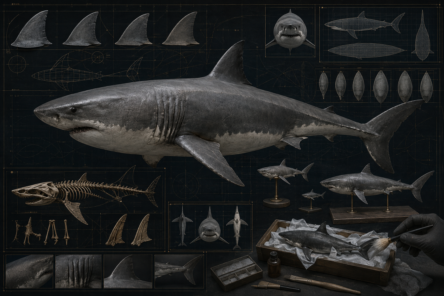 Dark technical workflow image showing a shark anatomy study board with fin placement, body-shape comparisons, scale references, and display prep cues