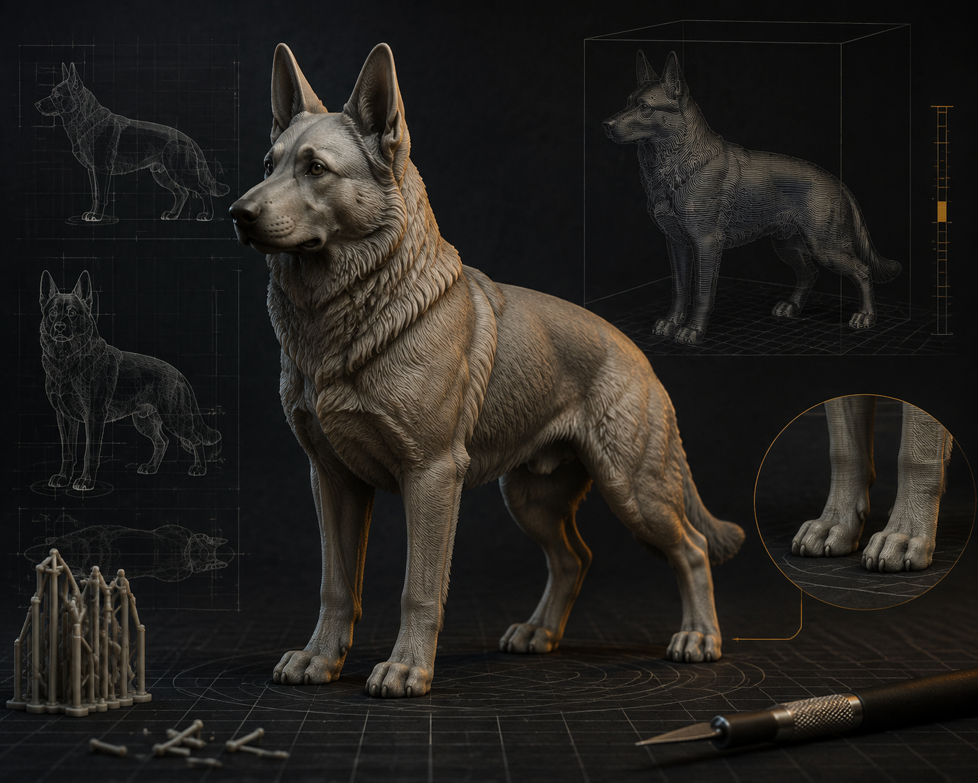 German Shepherd 3D Models for 3D Printing: Stable Poses and Print Prep