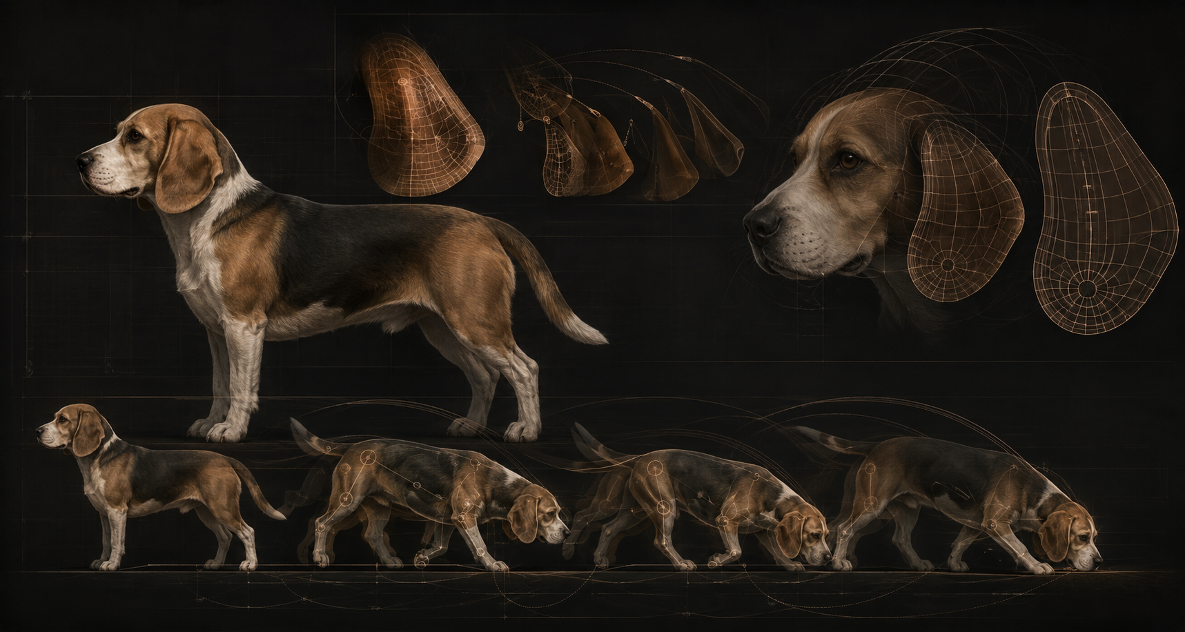 Dark editorial workflow illustration showing Beagle ear rig controls, sniff pose arcs, and topology flow overlays