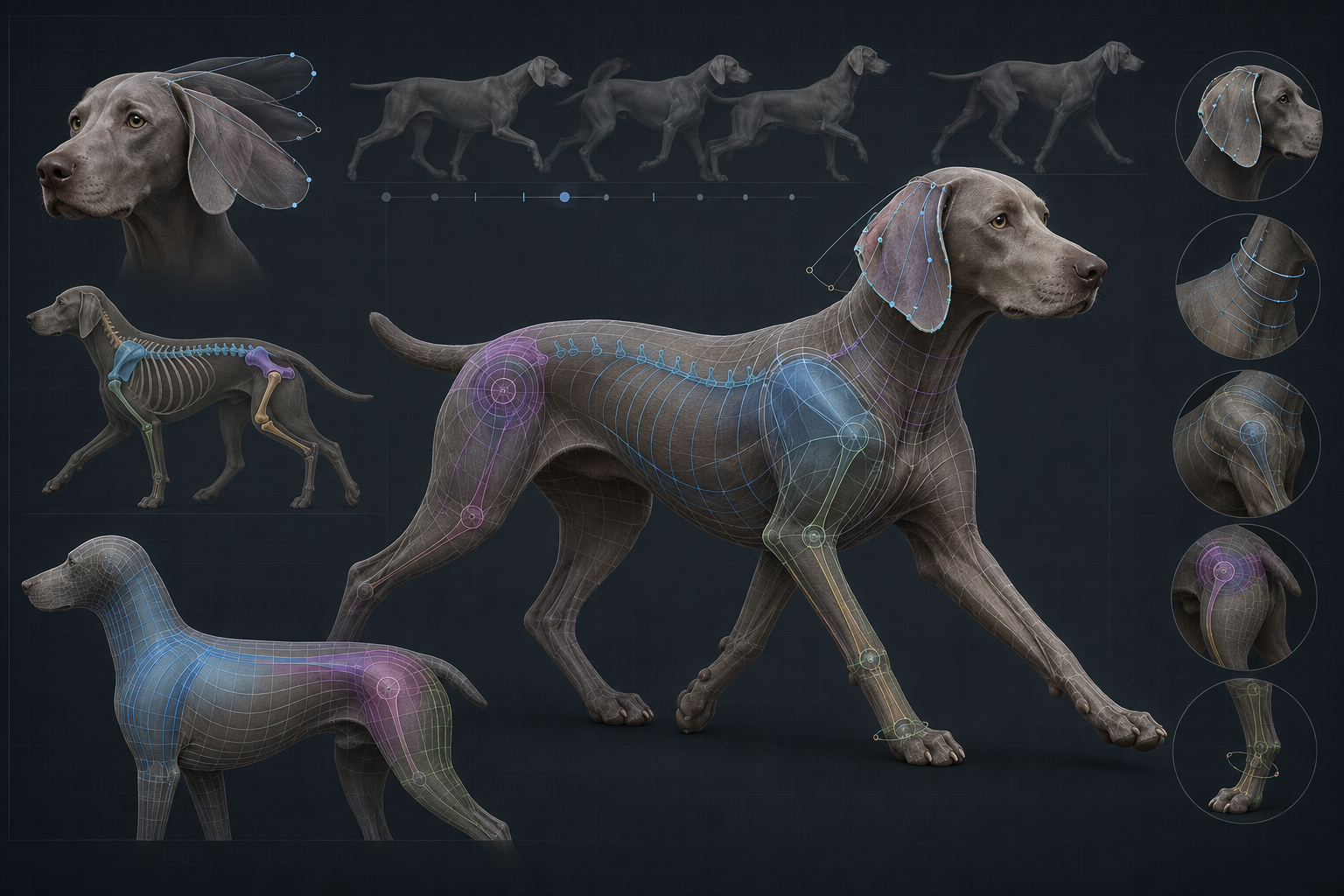 Technical editorial image showing Weimaraner gait phases, ear behavior, and topology overlays on a dark backdrop