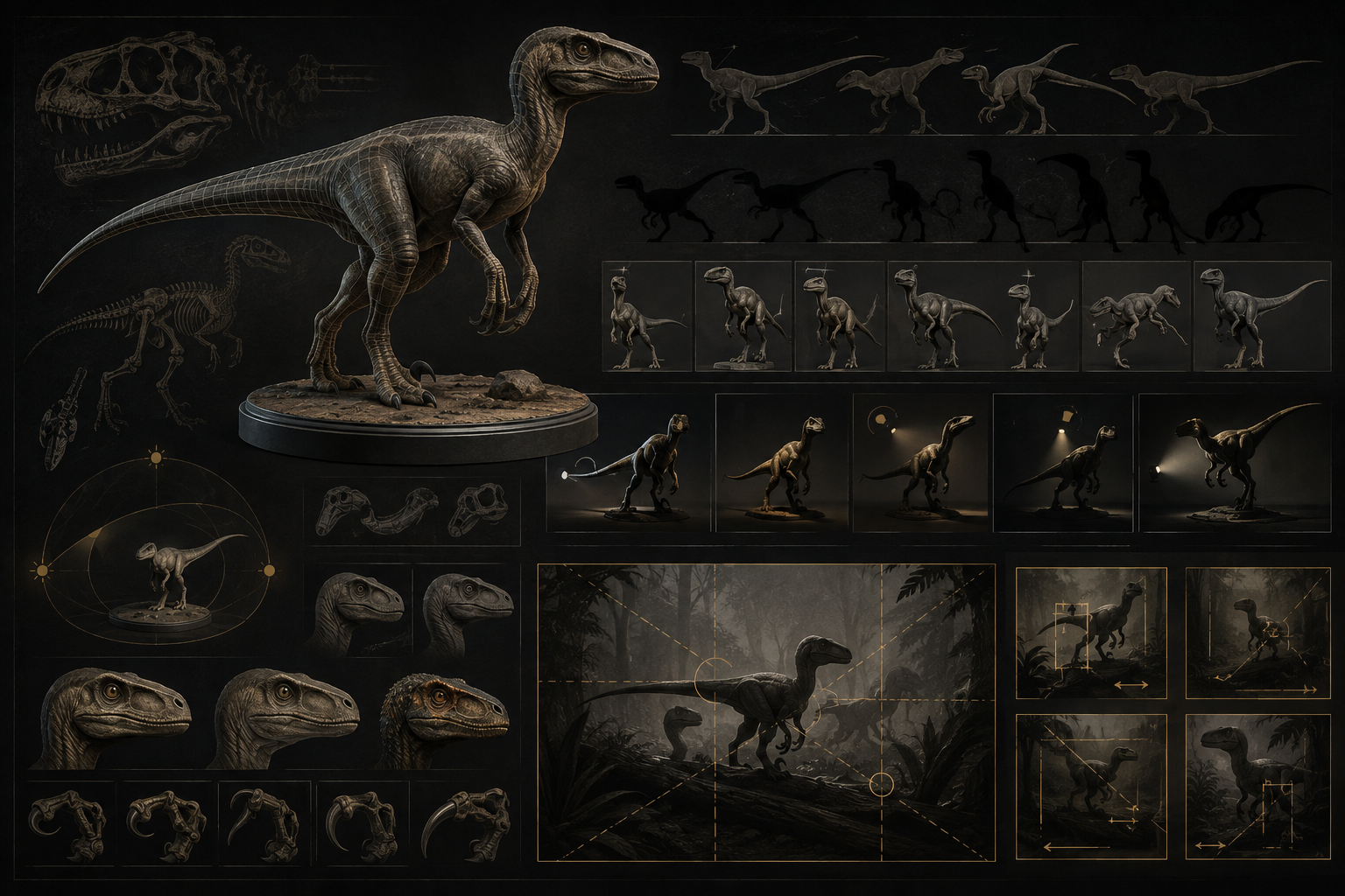 Dark technical workflow image showing a Velociraptor model used for silhouette studies, pose variations, lighting passes, and classroom visual planning