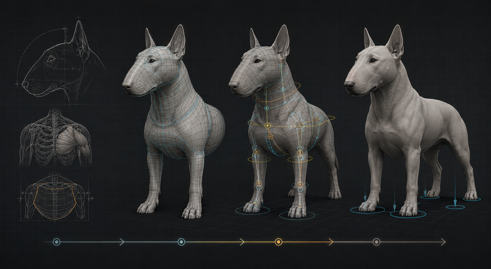 Technical workflow image showing Bull Terrier head anatomy, topology flow, rig overlay, and stable paw contact on a dark backdrop