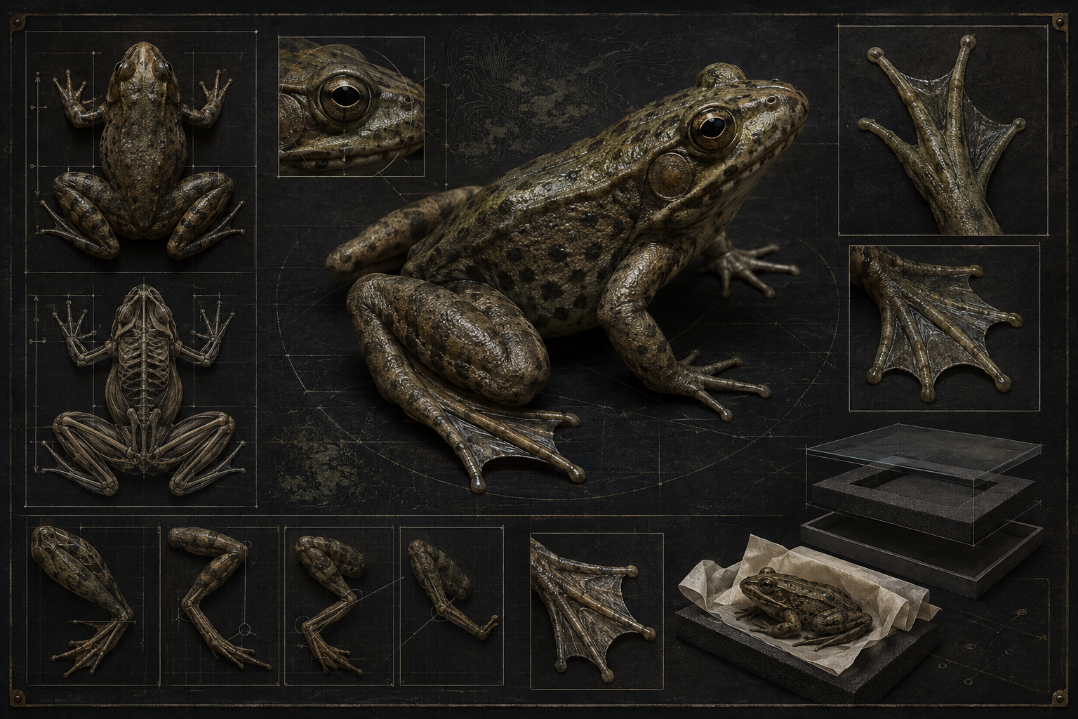 Dark technical workflow image showing a frog classroom study setup with anatomy callouts, scale notes, and safe display preparation on a black lab backdrop