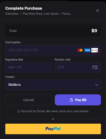 Checkout window with payment and country fields