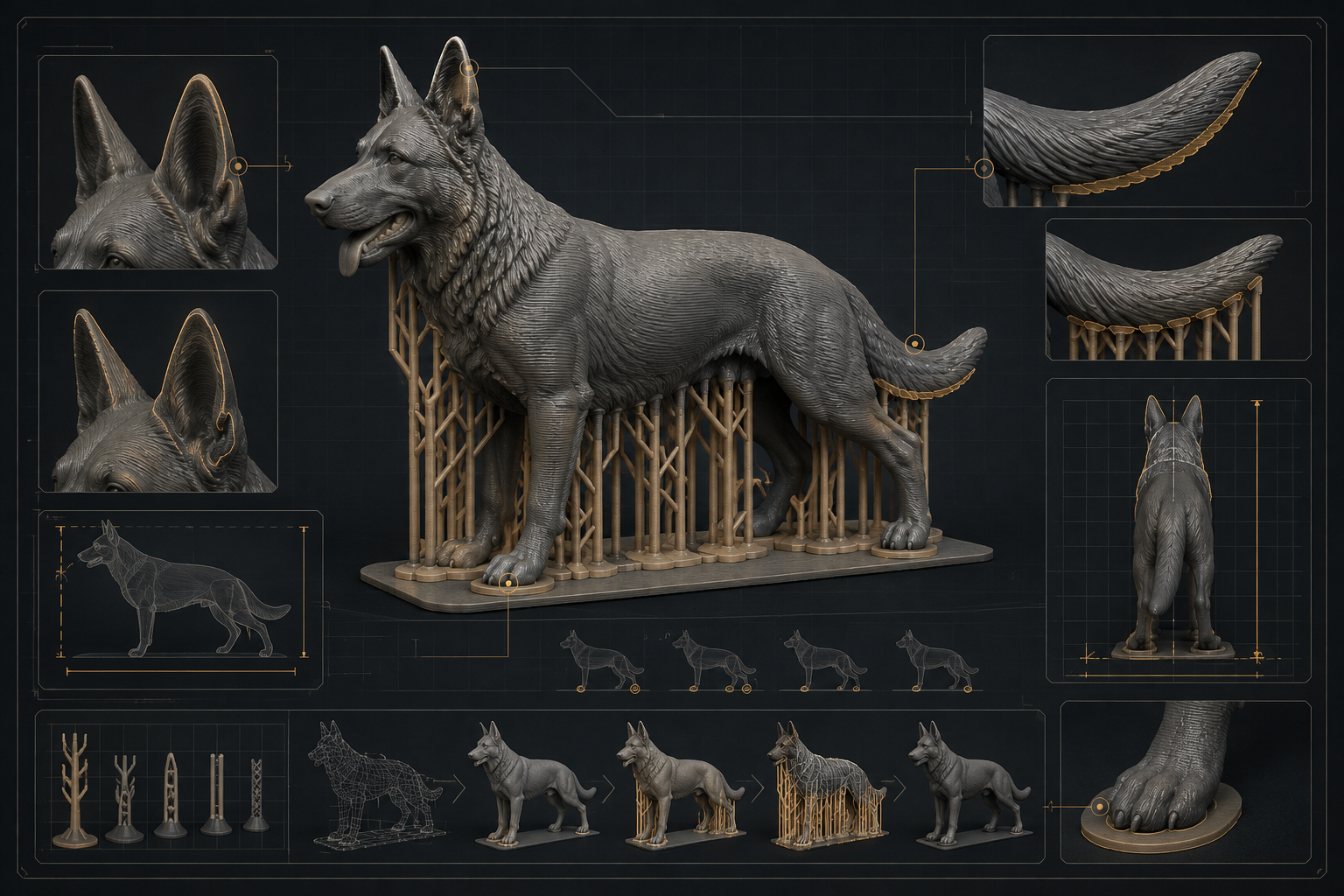 Dark technical workflow image showing support placement on a German Shepherd figure with callouts for paws, ears, tail, and body balance