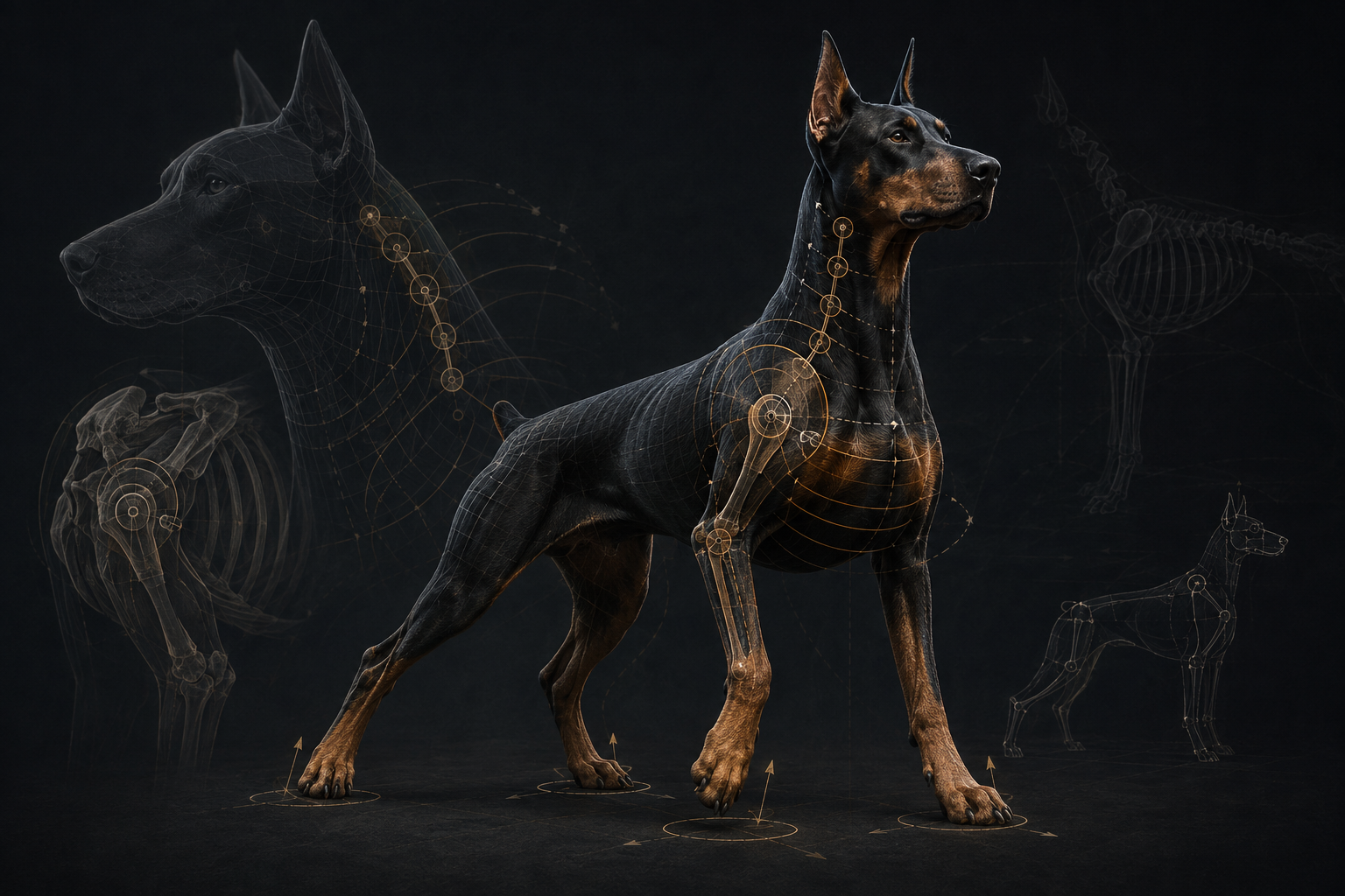 Dark editorial workflow image showing Doberman neck rig controls, shoulder deformation, and a guarded standing pose