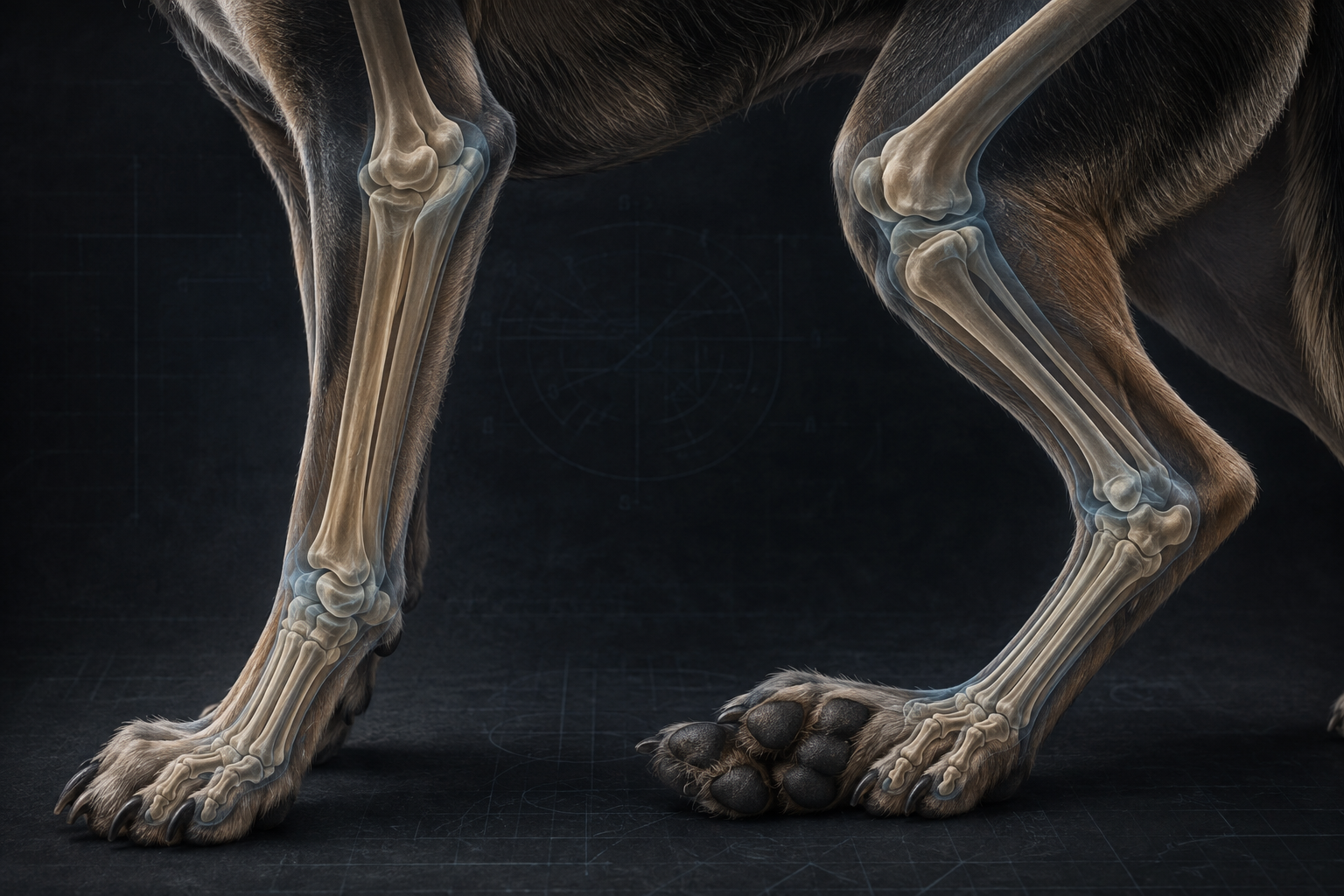 Close-up canine limb anatomy study with joint and paw overlays on a dark backdrop