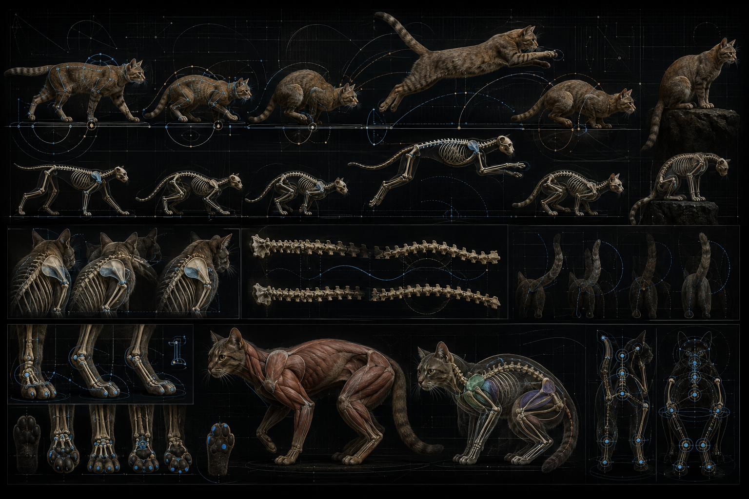 Editorial workflow image showing cat gait and jump phases with rig controls and anatomy notes on a dark studio board