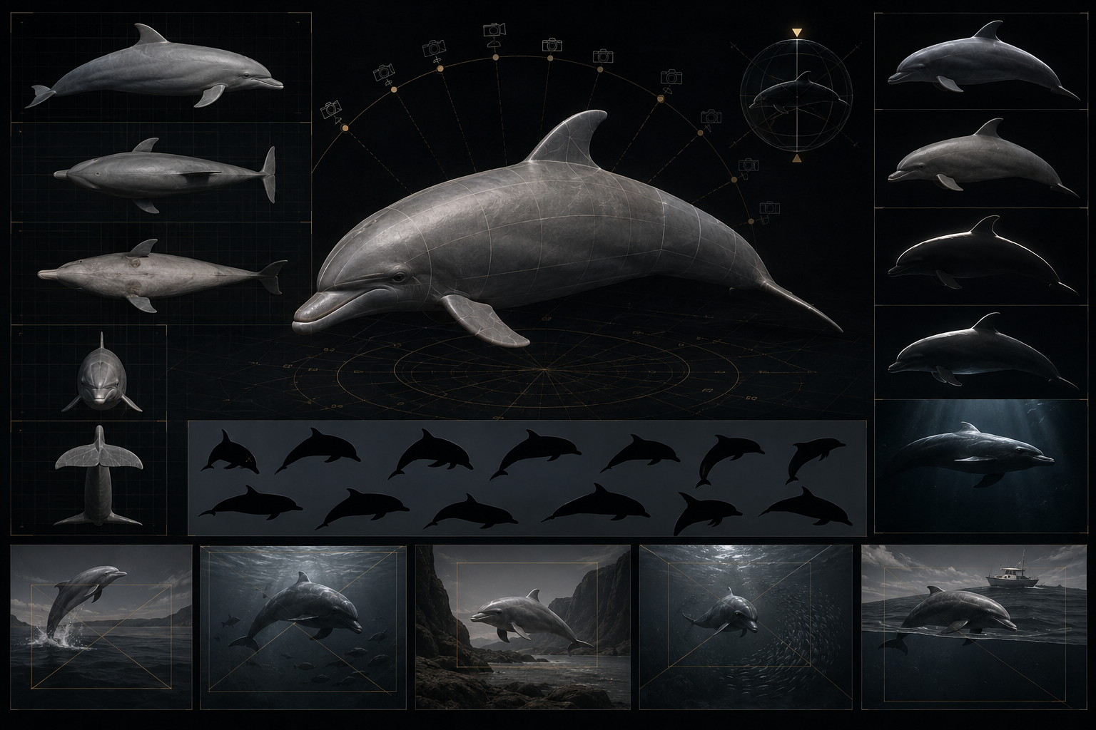 Dark technical workflow image showing a dolphin model used for camera-angle studies, silhouette checks, lighting passes, and scene blocking on a black editorial board