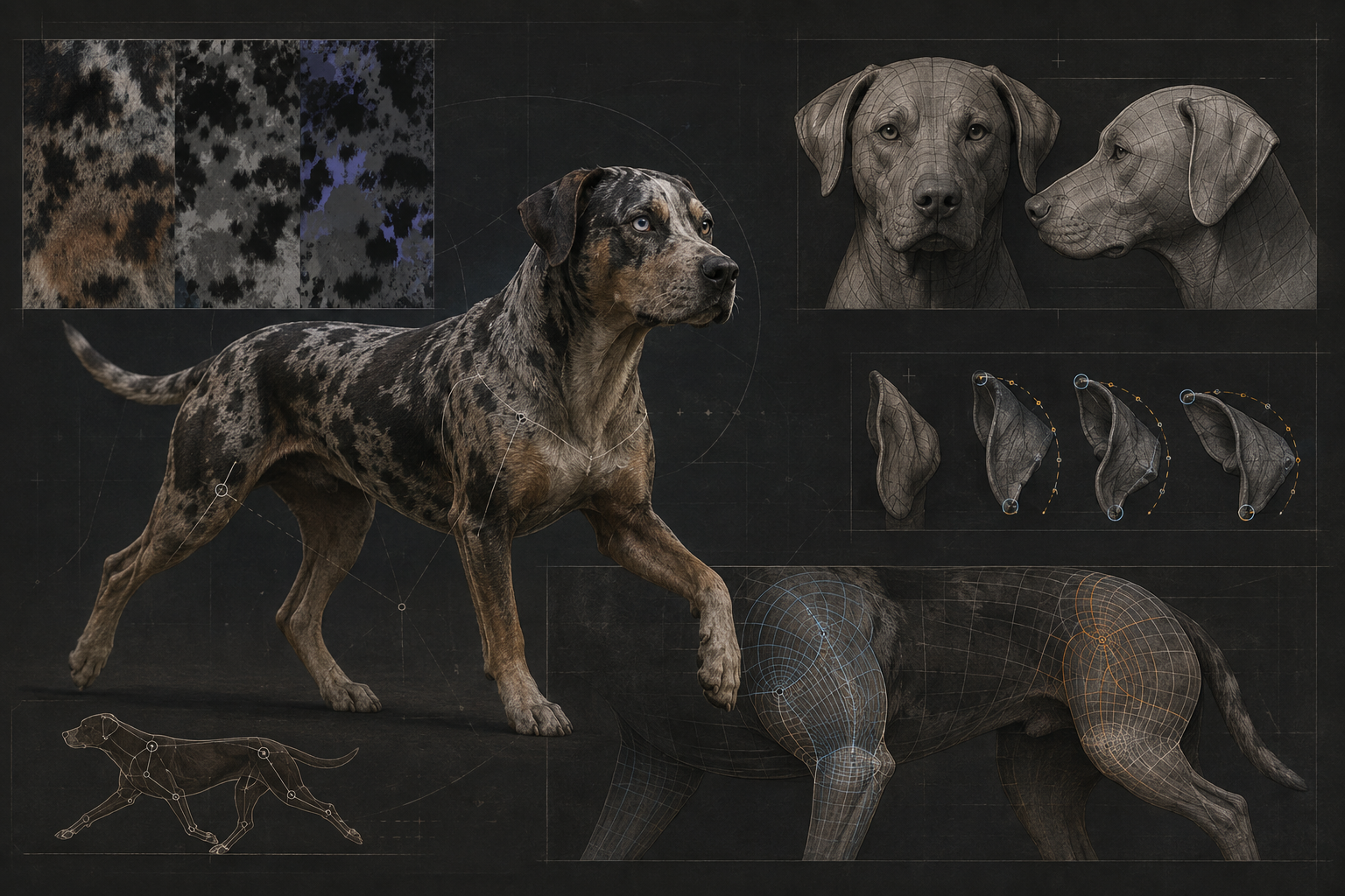 Dark editorial workflow image showing Catahoula coat swatches, head topology, ear motion arcs, and working gait overlays