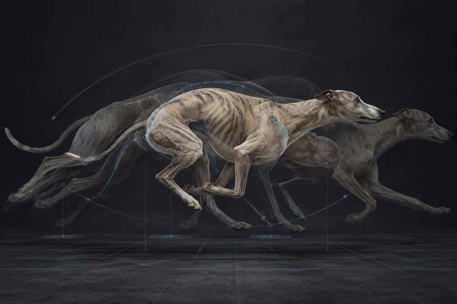 Editorial motion study showing a Whippet gallop with layered stride phases and subtle rigging overlays on a dark technical backdrop