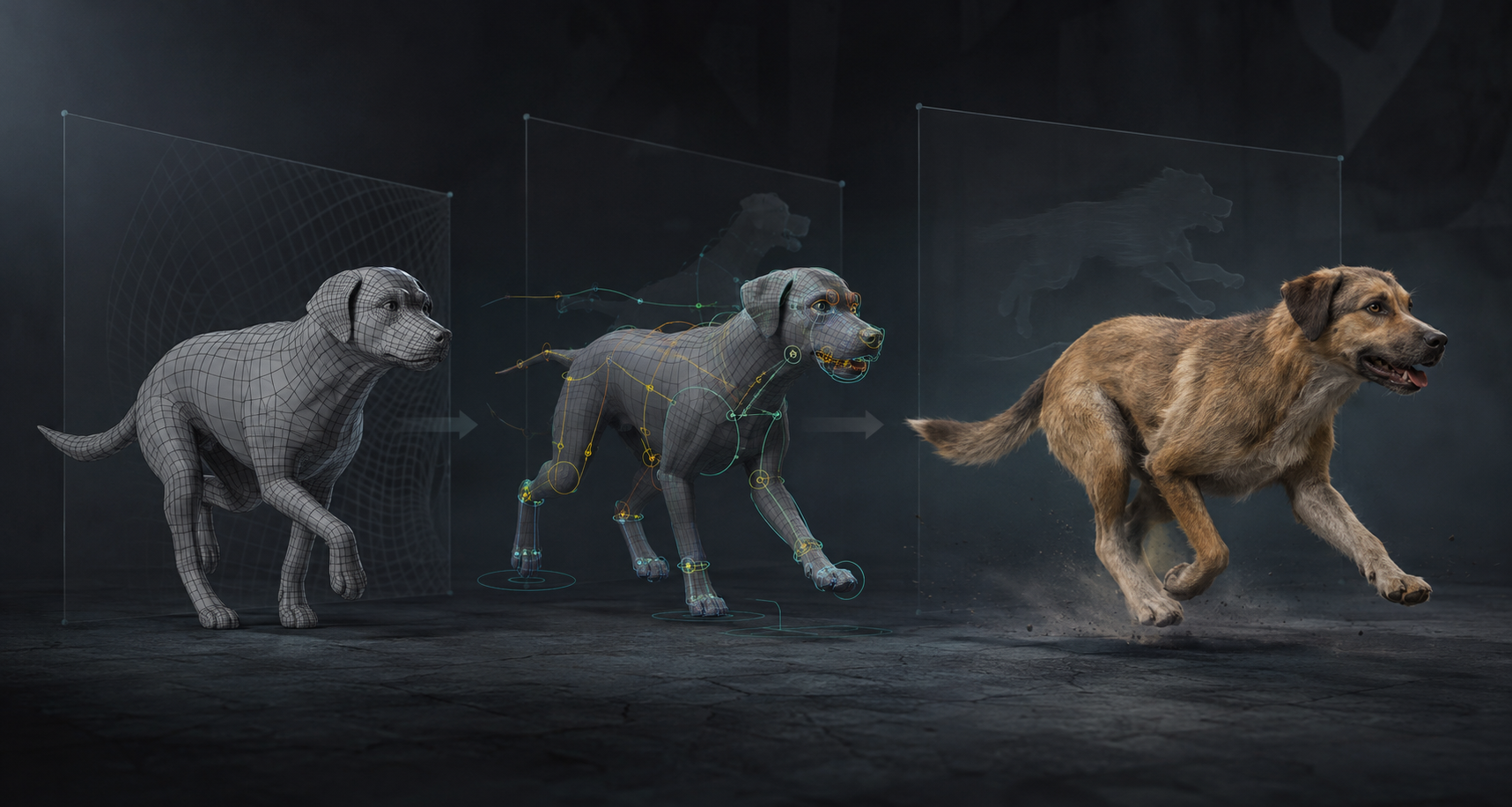 Editorial production workflow image showing a dog asset progressing from topology mesh to rigged pose to final animated character