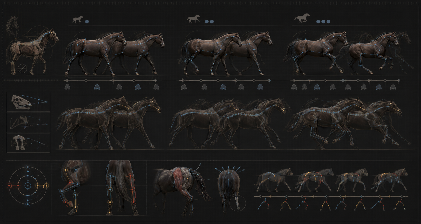 Editorial workflow image showing horse gait phases, leg timing, and rig controls on a dark anatomy board